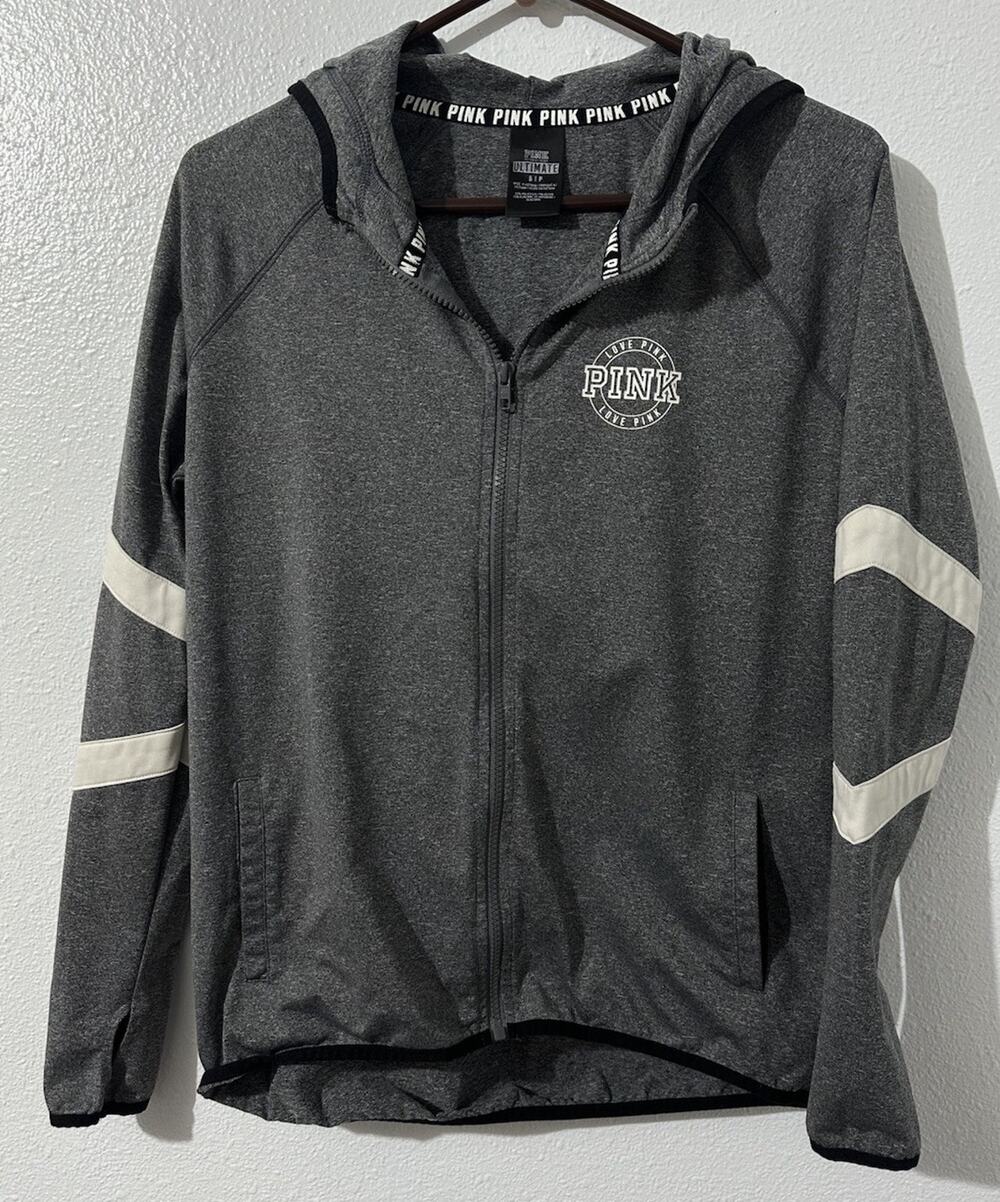 Pink Ultimate Victoria’s Secret Womens Small Gray Full Zip Pocketed Hoodie